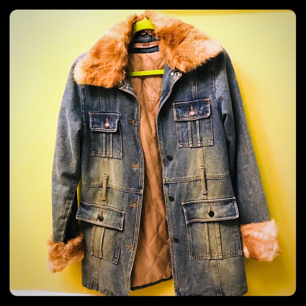 Denim coat with removable fur cuffs and collar